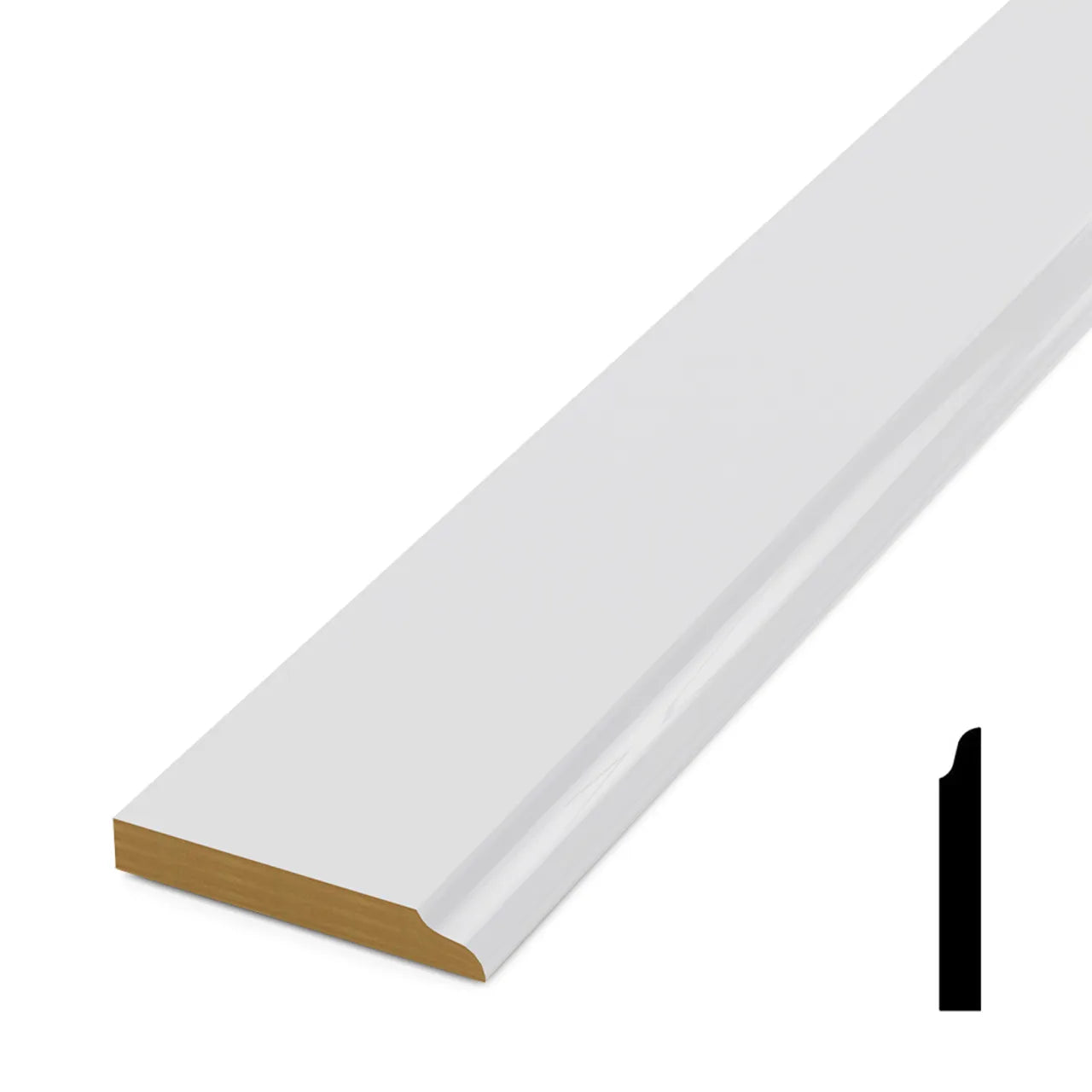 The Go Build 1/2 in. x 3-1/2 in. x 192 in. Primed MDF Baseboard features a white, rectangular profile with a rounded decorative edge and smooth curved notch, ready to paint for your custom finish.